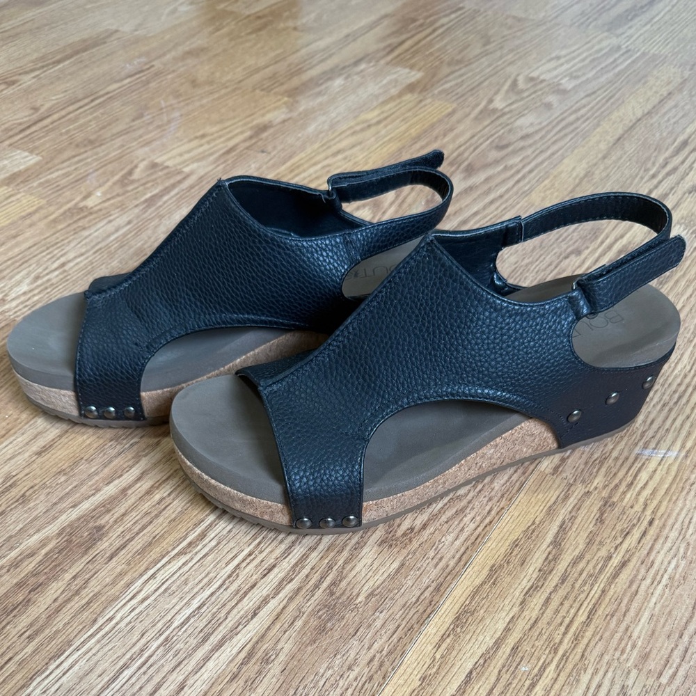 Corkys Black Pebbled Leather Slingback Wedge Sandals